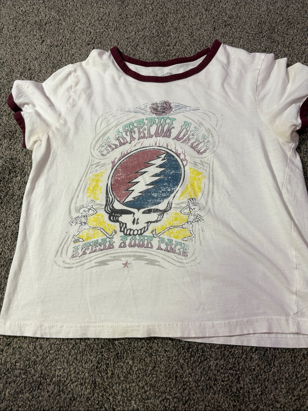 Kids White Ringer Tee with Maroon Trim and Graphic Skull